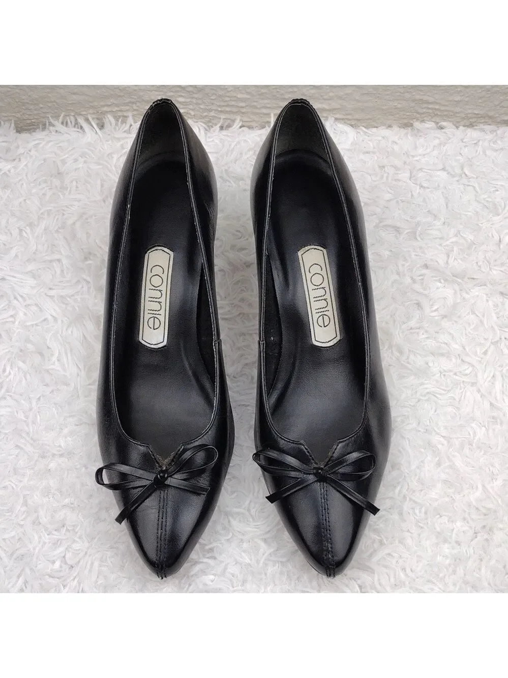 Connie Celia Black Leather Faux Bow Upper Pointed-Toe Kitten Heel Slip On Shoe
